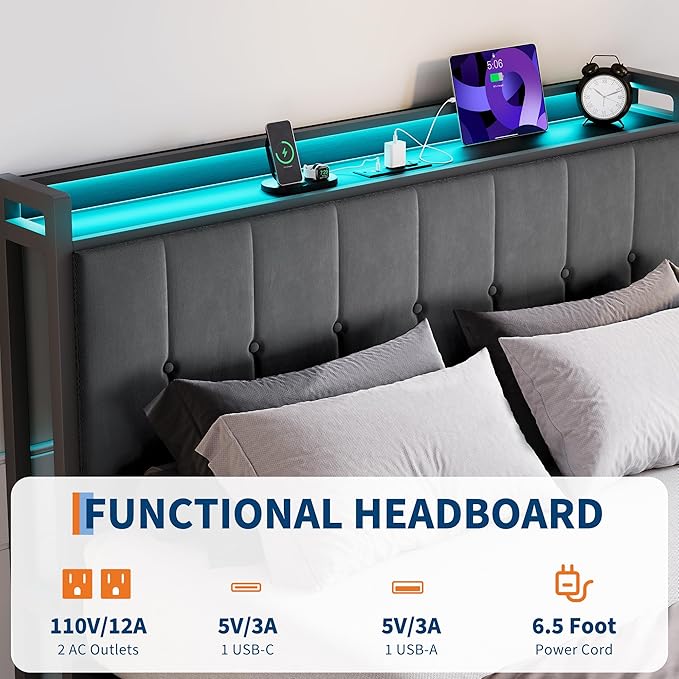 Garvee Queen Size Lift Up Storage Bed with LED Lights, Upholstered Velvet Bed Frame with Storage Headboard & Charging Station, Metal Platform Bed, No Box Spring Needed, Solid Wooden Slats, Grey