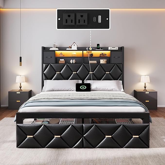 YITAHOME Full Size Bed Frame with 2 Storage Drawers and Storage Headboard, Upholstered Platform with Charging Station and LED Light, No Box Spring Needed, Noise Free, Easy Assembly, PU Leather Black