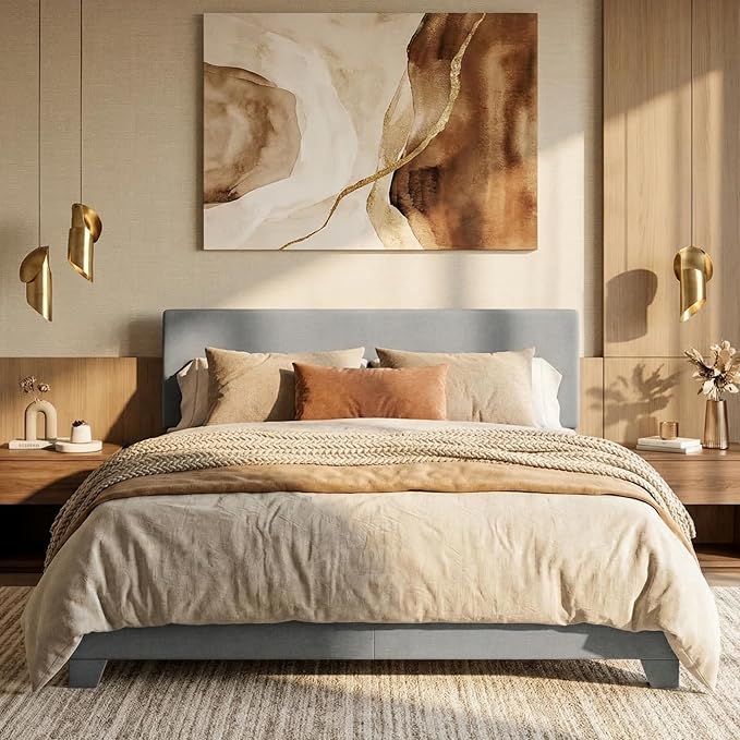 SHA CERLIN Light Grey Full Size Platform Bed Frame with Wood Slats Support, Clean Line Fabric & Adjustable Headboard, No Box Spring Needed, Easy Assembly