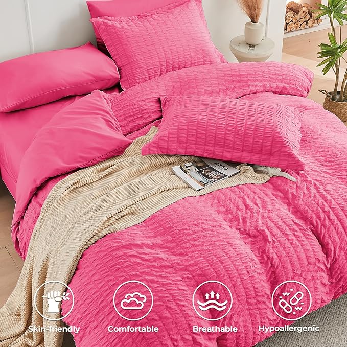 HYMOKEGE Hot Pink Full Size Comforter Sets Seersucker 7 Pieces, All Season Luxury Bed in a Bag for Bedroom, Bedding Set with Comforter, Sheets, Pillowcases & Shams