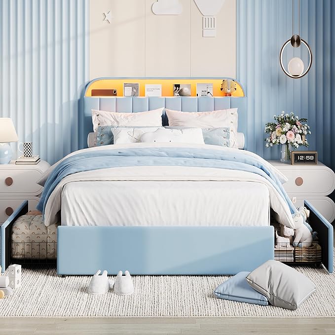 Garvee Full Size Bed Frame with 2 Flexible Drawers, Upholstered Platform Bed Frame with Bookcase Headboard and LED Lights, Kids Bed for Boys, Easy Assembly, Noise Free, Blue