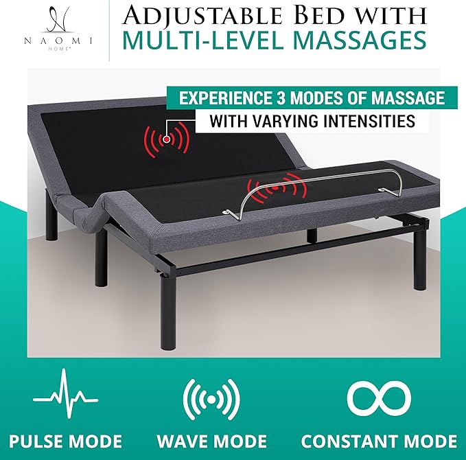 Naomi Home Idealbase Queen Adjustable Bed Frame with Lumbar Support & Head Tilt, Foot Incline, Back & Leg Massage, USB Ports,Wireless Remote, Ergonomic Zero-Gravity Smart Bed