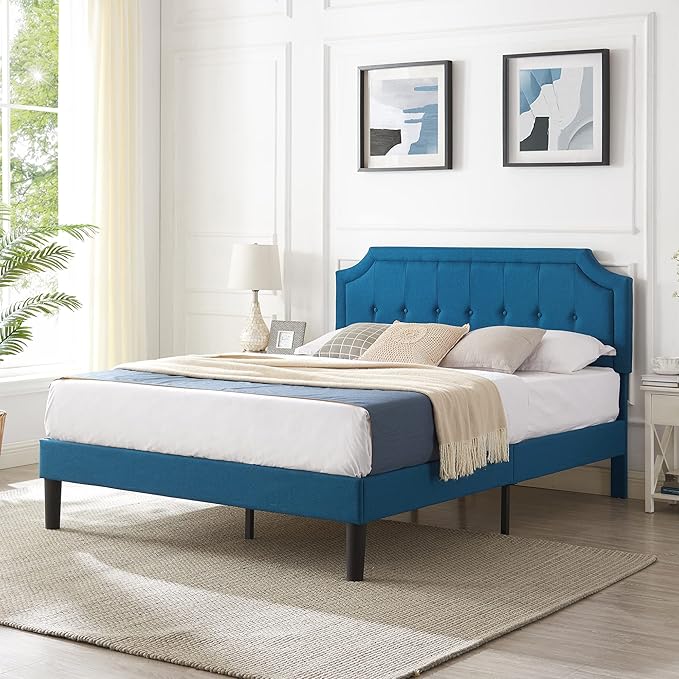 VECELO Queen Size Platform Bed Frame with Fabric Upholstered Headboard and Wooden Slats Support, No Box Spring Needed/Easy Assembly,Blue
