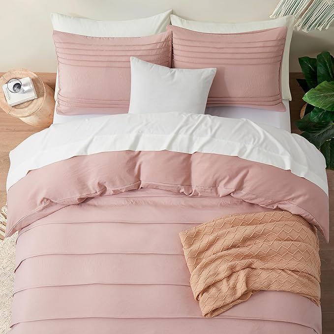 Oli Anderson Misty Rose Duvet Cover Queen Size - Pleated Queen Duvet Cover, 3PCS Soft and Breathable Textured Bedding Set with Zipper Closure(Misty Rose,90"x90")