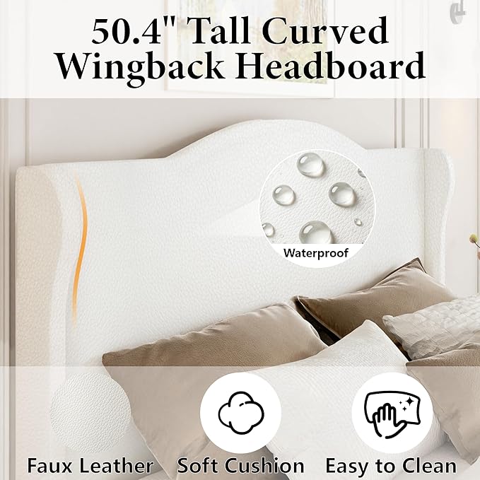 Upholstered Bed Frame with Tall Headboard, Leather Queen Platform Bed Frame with Wingback Sides, Wood Slats Support, Noise-Free Design, No Box Spring Needed, Easy Assembly, White
