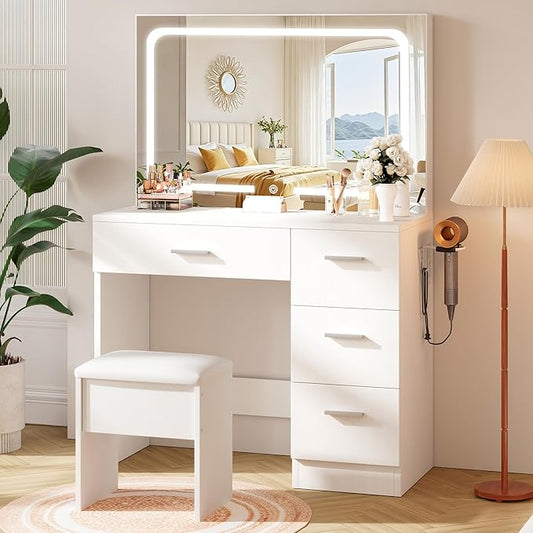 LIVELYGLOW Makeup Vanity Desk with Charging Station & LED Mirror – 35.4" Vanity Set with 4 Drawers, 3 Lighting Modes – Modern Bedroom Furniture (15.7" D x 35.4" W x 53.9" H), White