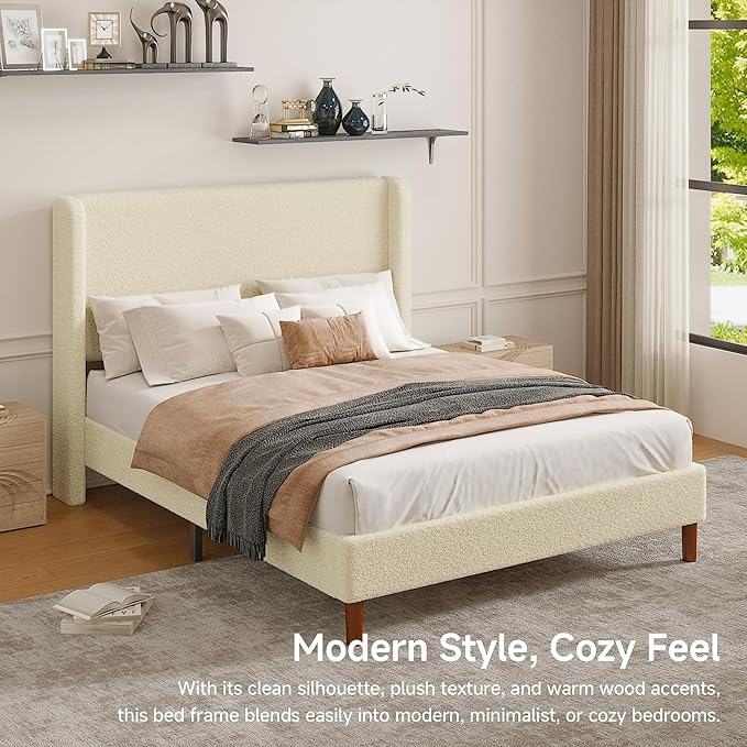 Full Boucle Upholstered Platform Bed Frame with Adjustable Wingback Headboard, Cloud Bed with Solid Wood Legs, No Box Spring Needed, Easy Assembly, Beige