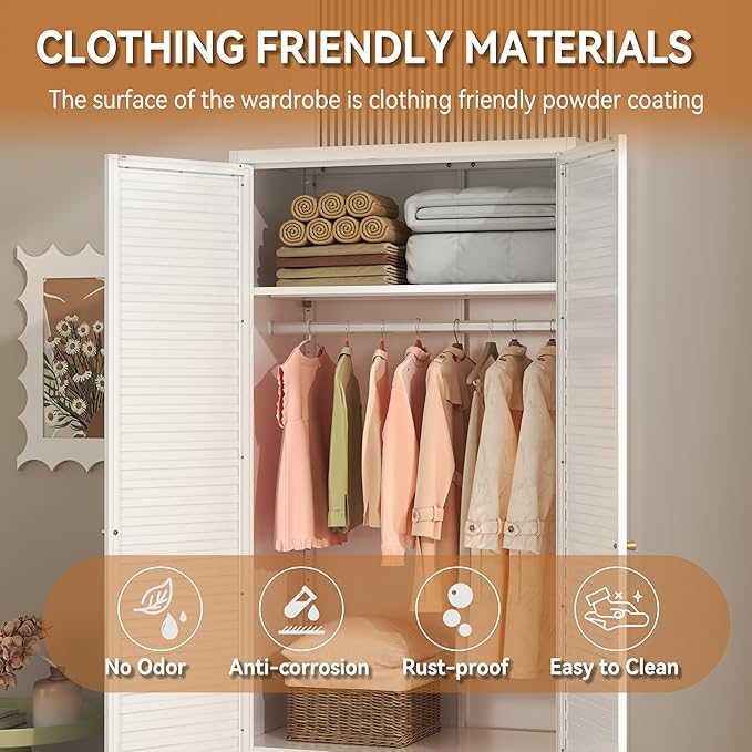 Polup Metal Armoire Wardrobe Closet with Doors, 71" Tall White Wardrobe Cabinet with Hanging Rod and Adjustable Shelves, Steel Clothing Storage Cabinet for Bedroom, School, Employee, Gym, Office
