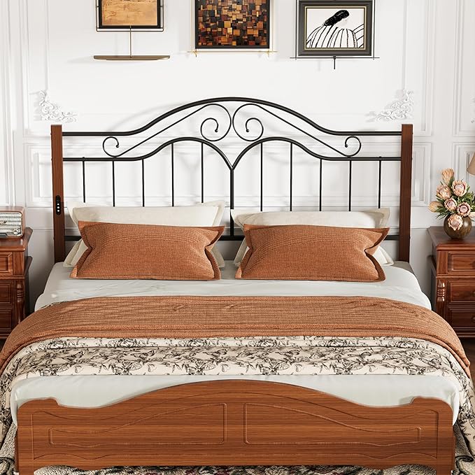 Elephance Headboard for King Size Bed Frame with Charging Station,USB and Type C Ports, Adjustable Height,Vintage Platform Bed King Only, Easy Assembly,Black