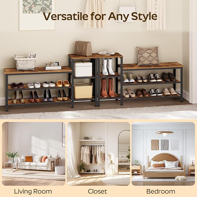 YATINEY 3-Tier Shoe Rack Bench, Wooden Shoe Storage Bench, Industrial Entryway Bench with Storage, Multi-Functional Shoe Rack with Seat for Bedroom, Hallway, Living Room, Rustic Brown and Black HX05BR