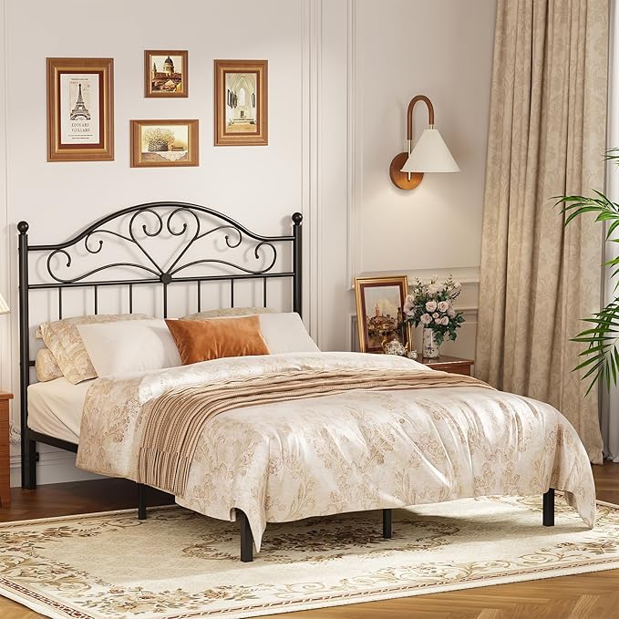 Merronix Vintage Headboard for Queen Size Bed Frame, Metal Headboard Only Queen Size Freestanding Headboard with Universal Adapters, Height Adjustable, Easy Assembly, Black