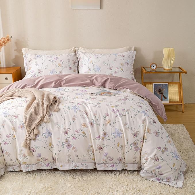OAITE Duvet Cover Set Queen Size Floral Pattern Ultra Soft 100% Cotton Duvet Cover Sets 3-PC, Breathable Duvet Cover with Zipper Closure & Corner Ties(2 Pillow Shams,1 Duvet Cover)