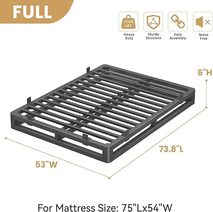 6 Inch Full Size Bed Frame with Rounded Corner and Squeak Free U-Slot Design, Metal Platform Bed Frames 6 Non-Slip Guards, 3500lbs Heavy Duty Steel Slat Support, No Box Spring Needed, Black