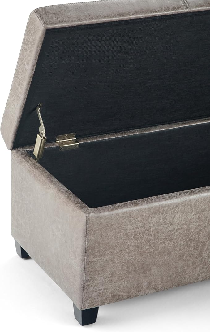 SIMPLIHOME Avalon Storage Ottoman Bench - 48" Wide x 16" High Upholstered Vegan Leather Rectangular Lift-Top Ottoman in Distressed Grey Taupe, Contemporary Bench for Living Room with High-Density Foam
