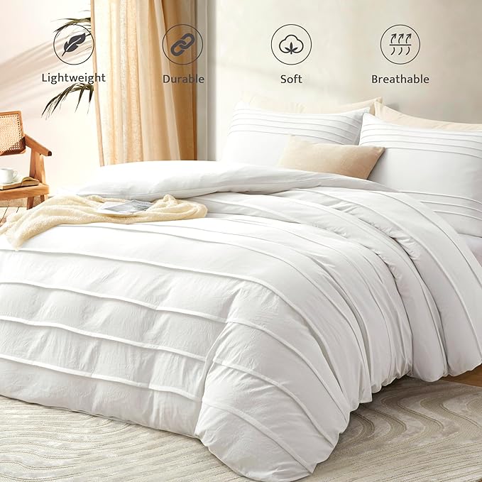 Oli Anderson White Duvet Cover Queen Size - Pleated Queen Duvet Cover, 3PCS Soft and Breathable Textured Bedding Set with Zipper Closure(White,90"x90")