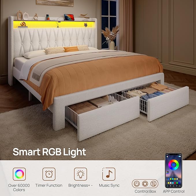 Rolanstar Full Bed Frame with Drawers, Storage Headboard with Charging Station and LED Lights, Upholstered Bed with Heavy Duty Wood Slats, No Box Spring Needed, Noise Free, Easy Assembly, Beige
