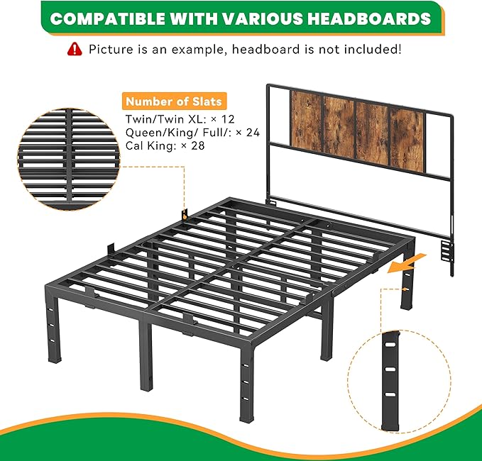 18 Inch King Size Bed Frames, Heavy Duty Metal King Platform 3500 lbs Capacity, No Box Spring Needed, 6 Mattress Slide Stopper, Headboard Holes, Noise-Free, Easy Assembly, Black