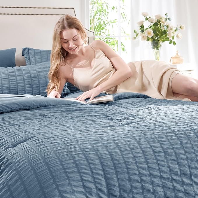 CozyLux Twin XL Comforter Set with Sheets Seersucker Grayish Blue 5 Pieces Bed in a Bag, Dusty Blue Twin Extra Long Bedding Sets College Dorm with Down Alternative Comforter, Sheets, Pillowcase & Sham