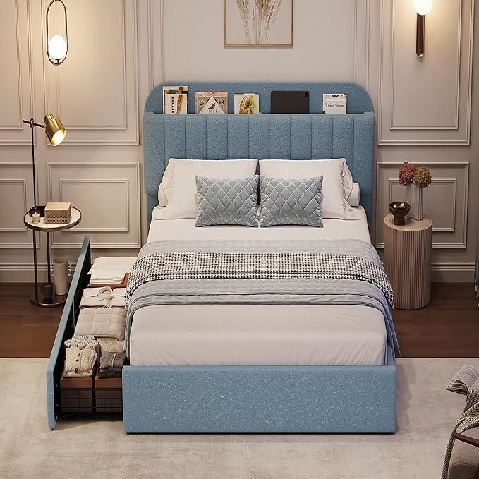 GarveeHome Twin Bed Frame with Storage Headboard, Kids Bed Frame with 2 Drawers, Boucle Upholstered Platform Bed with Bookcase, No Box Spring Needed, Easy Assembly, Blue