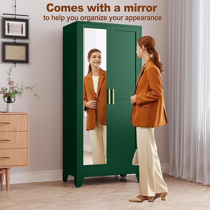 RIETERN Metal Armoire Wardrobe Closet, 71" Tall Bedroom Closet with Mirror, Adjustable Shelves, and Hanging Rod, Steel Clothes Closets and Storage, for Bedroom Green
