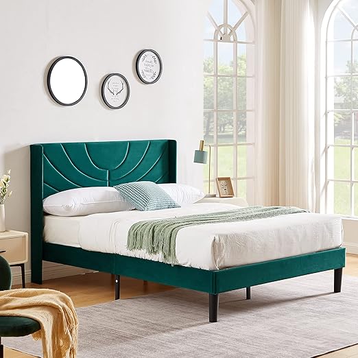 VECELO Queen Bed Frame Upholstered Platform with Fabric Headboard,Wooden Slats Support/No Box Spring Needed/Mattress Foundation,Dark Green