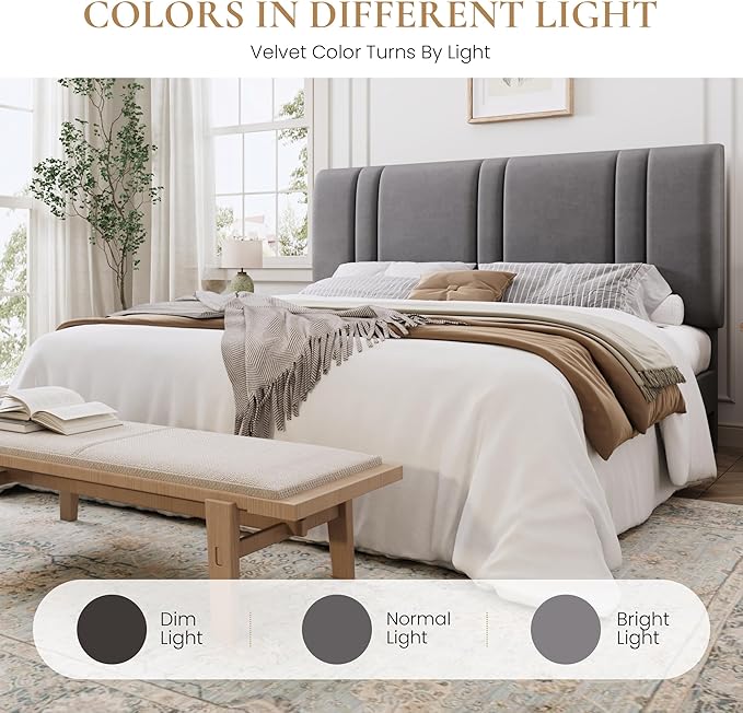 SHA CERLIN King Size Platform Bed Frame, Velvet Upholstered Bed with Adjustable Headboard, Vertical Channel Tufted Design, Sturdy Wood Slat Support, No Box Spring Needed, Easy Assembly, Light Grey