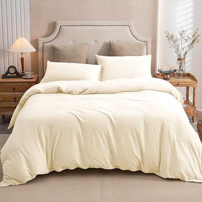 PURE ERA Jersey Knit Duvet Cover Set 100% T-Shirt Cotton Super Soft Comfy 3pc Bedding Set with Zipper Closure (Solid Creamy White, Full)