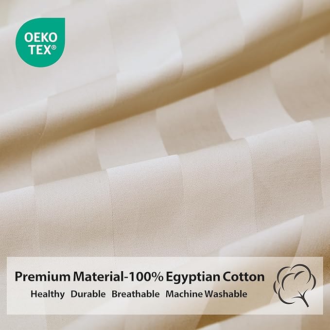 2-Pack Pure Cotton Bottom Sheet Queen Size, 600 Thread Count 16" Deep Pocket Egyptian Cotton Fitted Sheet (2-Pack, Queen, Stripted Beige)