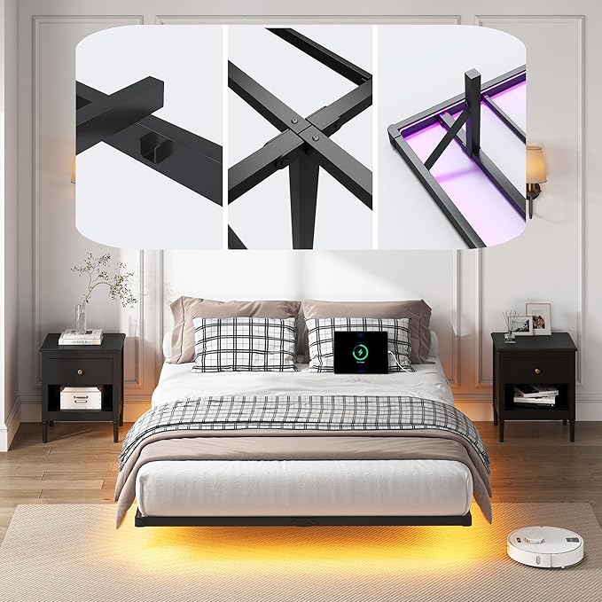 YORMDMO Floating Bed Frame Queen Size, Heavy Duty Bedframe with Smart LED Lights & Charging Station, Modern Metal Platform Bed, Easy Assembly No Box Spring Needed, 8 Inch