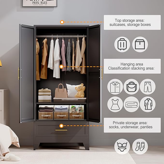 RIETERN Metal Armoire Wardrobe Closet, 71" Tall Bedroom Closet with Mirror, 1 Drawer, Adjustable Shelves, and Hanging Rod, Steel Clothes Closets and Storage, for Bedroom Black