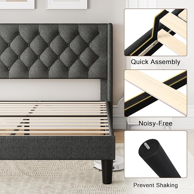 Einhomn Queen Size Platform Bed Frame with Fabric Upholstered Wingback Headboard, 8" Under Bed Space, Wooden & Metal Slats Support, No Box Spring Needed, Dark Gray