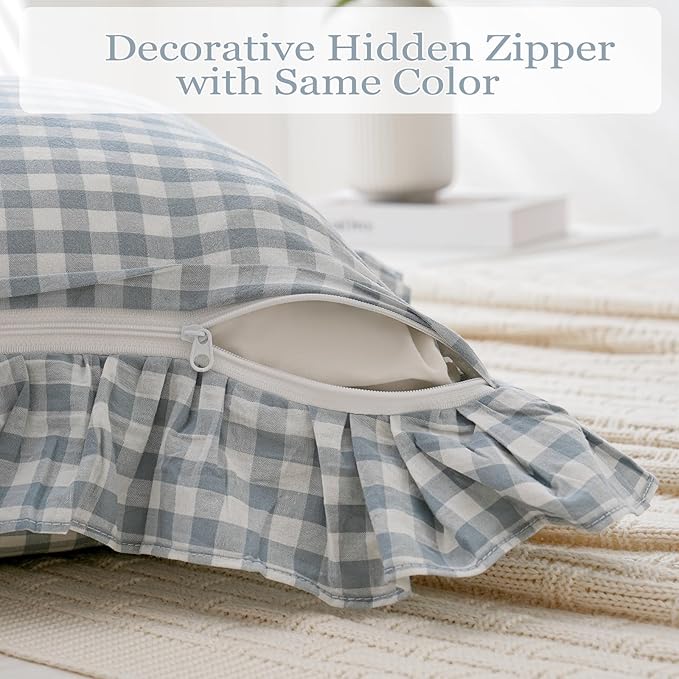 2 Pack Blue White Plaid Ruffle Throw Pillow Covers Farmhouse Checkered Chic Washed Cotton Pillowcases Gingham Pillow Shams for Bed, Sofa, Living Room-20"x20" Blue
