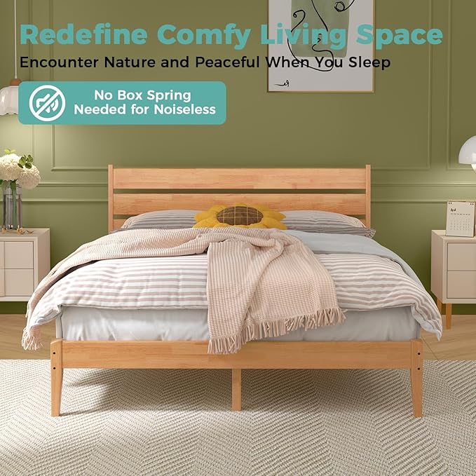Solid Wood Full Bed Frame, Farmhouse Platform Bed with Ladder Headboard, Malaysian Oak Platform Bed Frames with Wood Foundation, Noise-Free, Easy Installation, Full Size, Rustic Pine