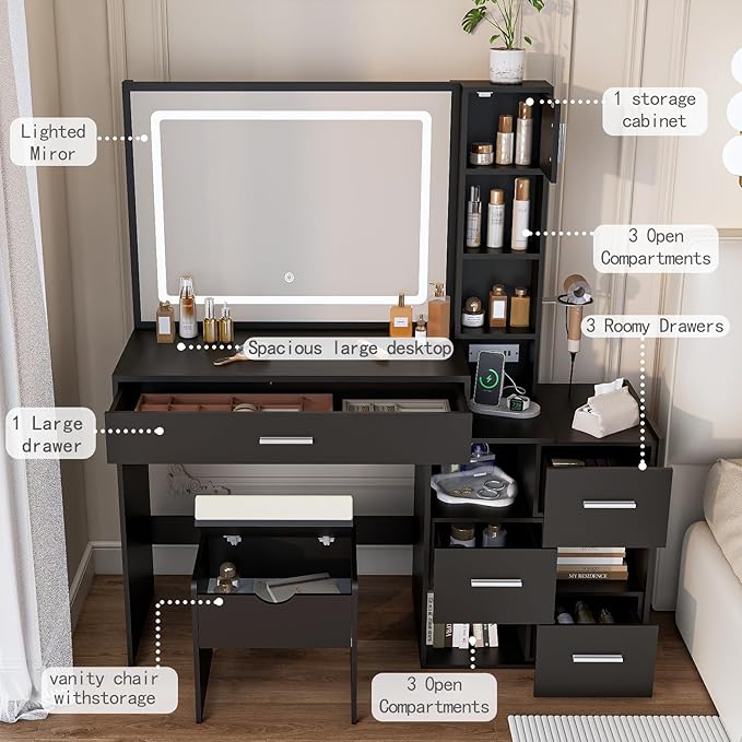 Vanity Desk with LED Lighted Mirror, Sliding Side Cabinet with Expandable Storage, Makeup Table with Drawers & Shelves, Built-in Power Outlet, Vanity Set with Storage Stool for Bedroom (Black)