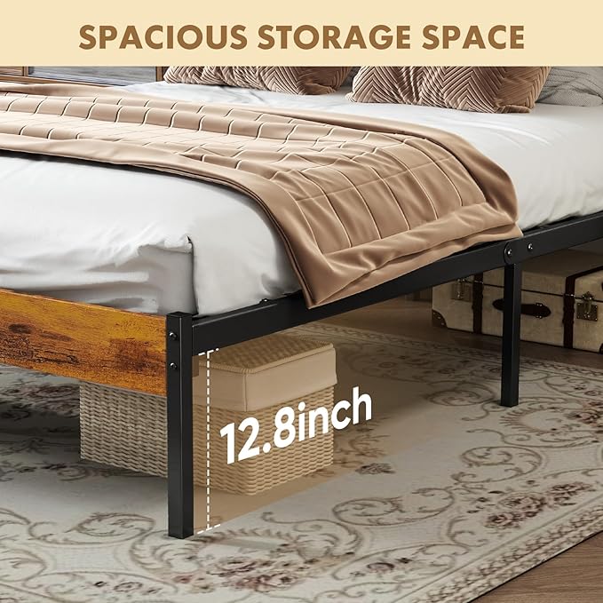 OLIXIS Queen Size Bed Frame with Headboard, 800LBS Bed Base with All Sturdy Metal Support, Under Bed Storage, No Box Spring Needed, Easy Assembly, Rust Brown