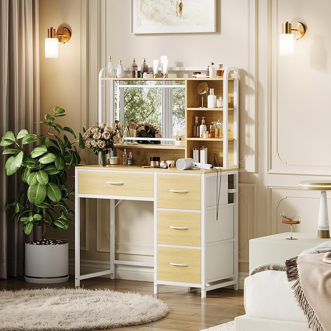 GarveeHome Vanity Desk with Mirror, 35.4” Makeup Vanity Table with Shelves, 4 Fabric Drawers Storage, Modern Dressing Table for Bedroom, Gift for Women