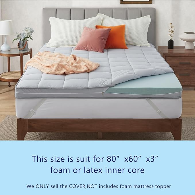 Jamdok 3Inch Queen Mattress Topper Cover(Only Cover),Mattress Protector Bedding,Foam and Latex Mattress Cover with Zipper and Adjustable Straps,Pillow Top(80 x 60”) Gray