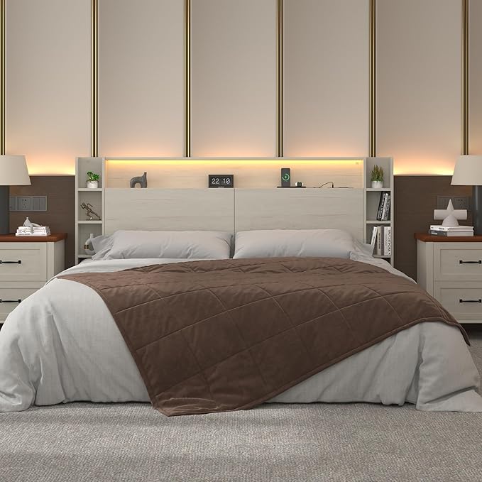 Queen Headboard Only with Shelves Storage, Headboards with Charging Station 2 USB Ports and LED Light,Sturdy and Stable Modern Sturdy and Stable Wood Bed Board (White, Queen) | Solid wood leg, chargestation, Storage