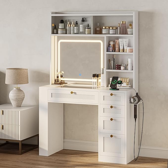 IRONCK Vanity Desk with LED Lighted Mirror, 3-Color Dimmable Makeup Vanity with Glass Top & Charging Station & Hair Dryer Holder, 4 Drawers & Open Shelves, 63" H Vanity for Bedroom, White