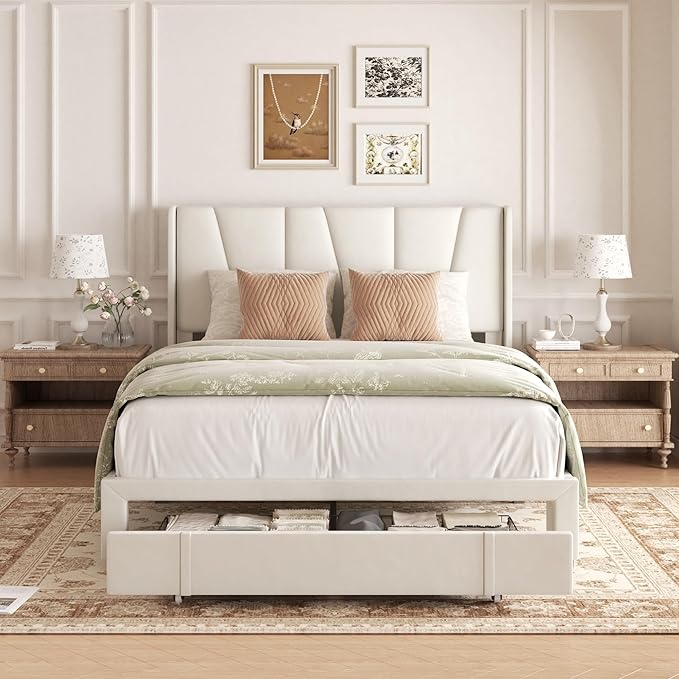 Full Bed Frame with Storage Drawers, Velvet Upholstered Platform Bed with 47" Tall Headboard and Wingboard, No Box Spring Needed, Noise Free, Easy Assembly, Wooden Support Slats, Beige
