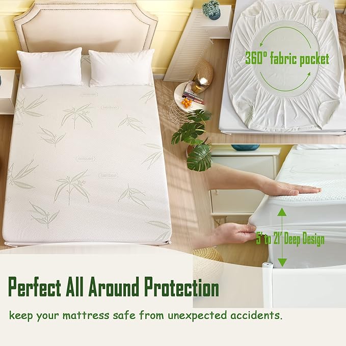 Twin XL Size Waterproof Mattress Protector, Premium Cooling Viscose from Bamboo Mattress Pad, Breathable, Noiseless, Cooling & Machine-Washable Bed Cover with 21" Deep Pocket