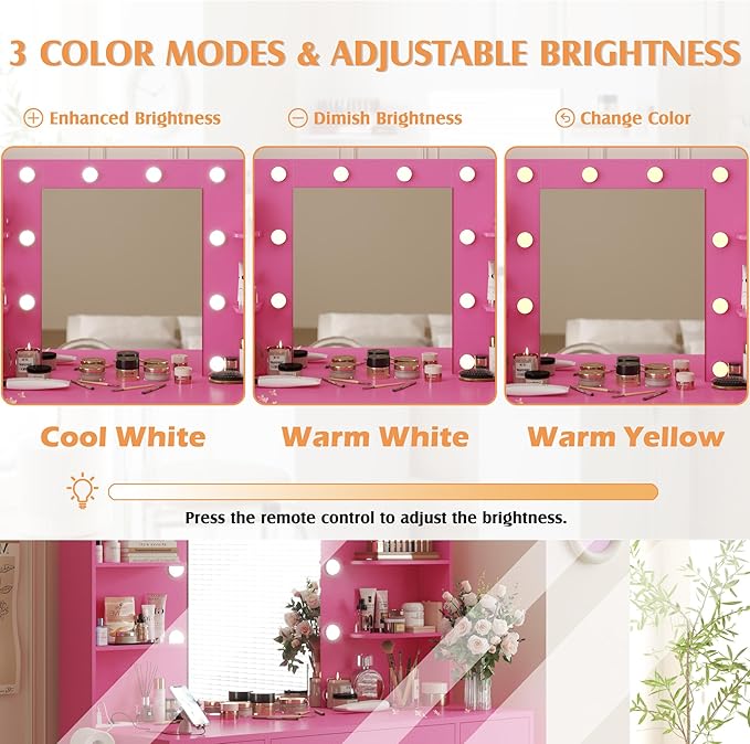 YESHOMY Vanity Desk with Mirror, Power Outlet and 10 Lights, Makeup Table with 7 Drawers, 3 Color Modes Available for Bedroom, Dark Pink