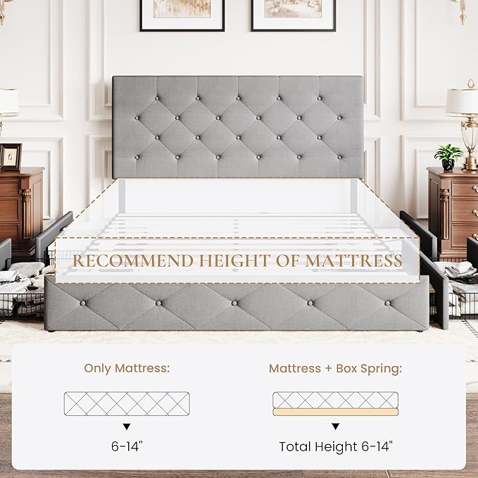 SHA CERLIN Upholstered Full Size Platform Bed Frame with 4 Storage Drawers, Adjustable Headboard with Diamond Stitched Button Tufted Design, Wooden Slat Support, No Box Spring Needed, Light Grey