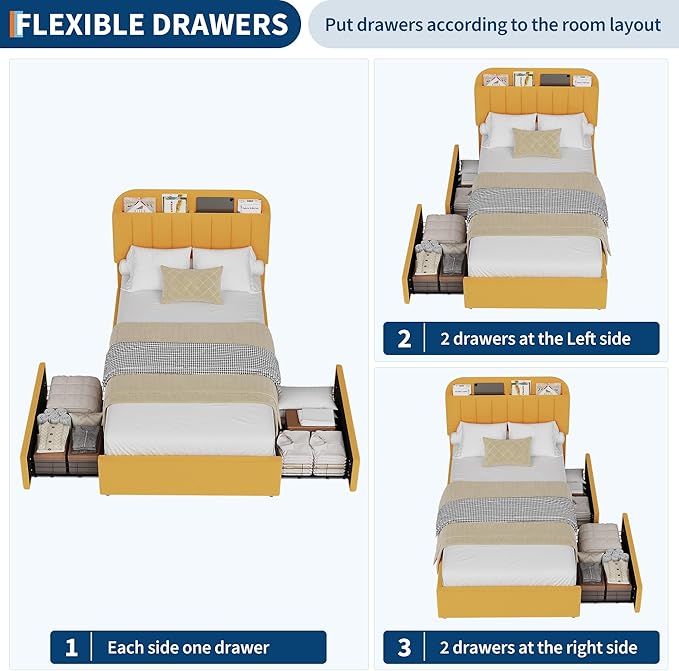 Garvee Twin Size Bed Frame with 2 Flexible Drawers, Boucle Upholstered Platform Bed Frame with Bookcase Headboard, Bedframe for Kids/Girls, Easy Assembly, No Box Spring Needed, Noise Free, Yellow