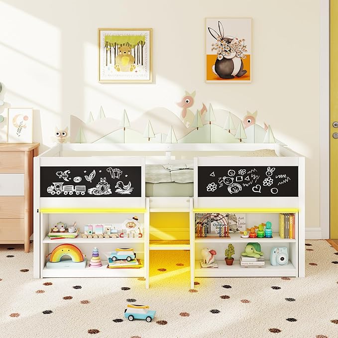 Giantex Low Loft Bed with LED Lights, Wooden Twin Size Loft Bed with Ladder & Blackboard, Twin Bed Frames for Kids with Storage 2 Bookcases and Play Space, White