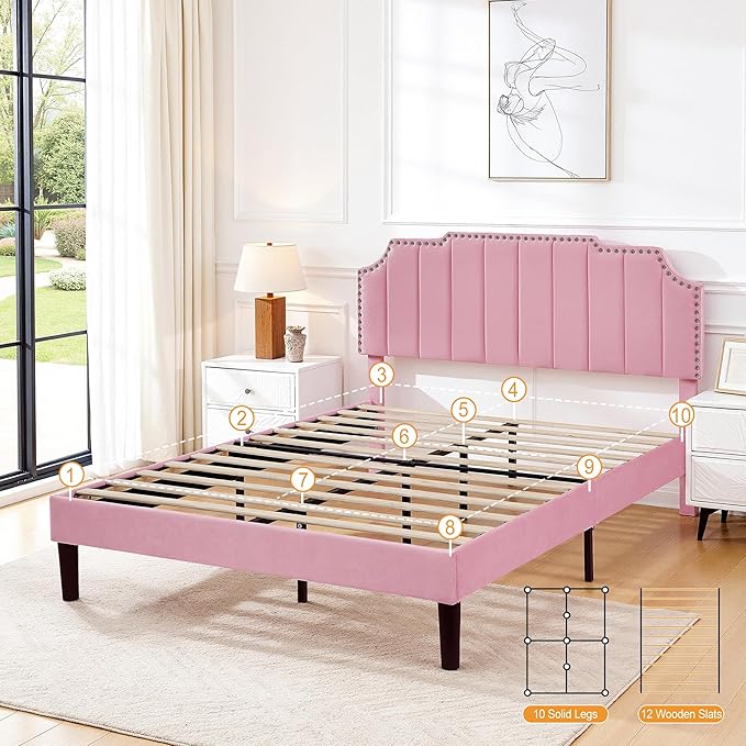 VECELO Full Upholstered Platform Bed Frame with 4 Storage Drawers,Velvet Vintage Full Bed with Nailhead Trim,Tufted Height Adjustable Headboard,Wooden Slats/No Box Spring Needed/Easy Assembly