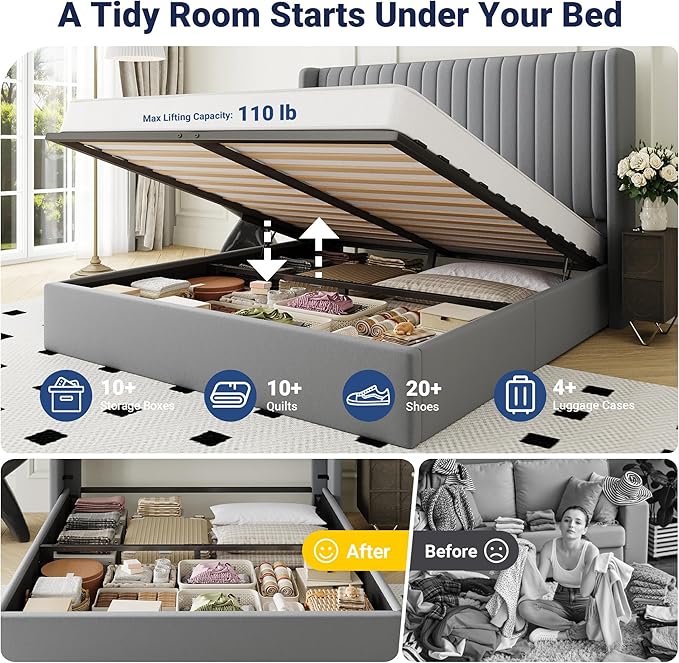 Allewie Queen Size Lift Up Storage Bed Frame, Hydraulic Support System, Upholstered Platform Bed Frame, Underneath Storage, Vertical Channel Tufted Headboard with Wingback, No Box Spring Needed, Grey