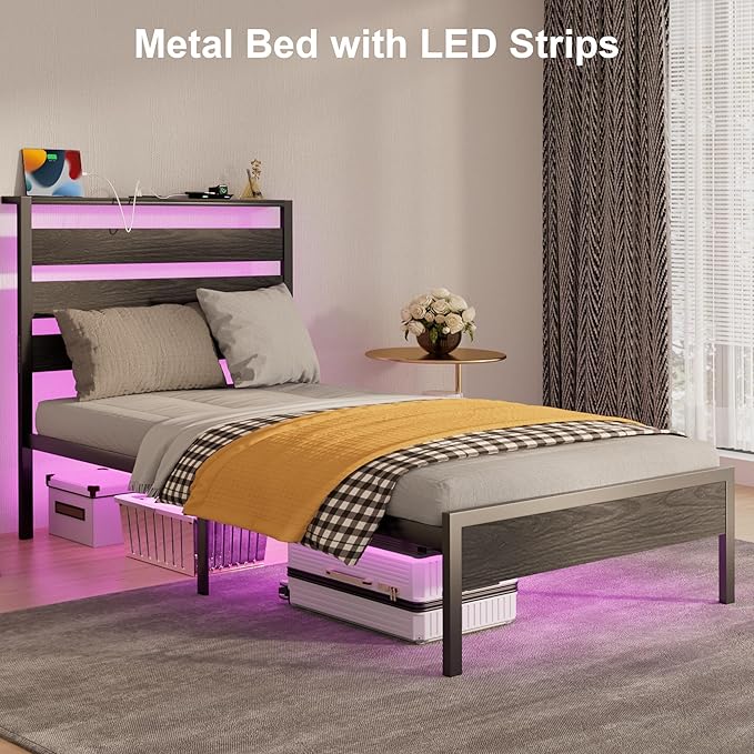 J.Fkne Twin Bed Frame with Headboard, Platform Bed with LED & Charging Station, Heavy Duty Metal Slats, No Box Spring Needed, Noise Free, Easy Assembly, Black