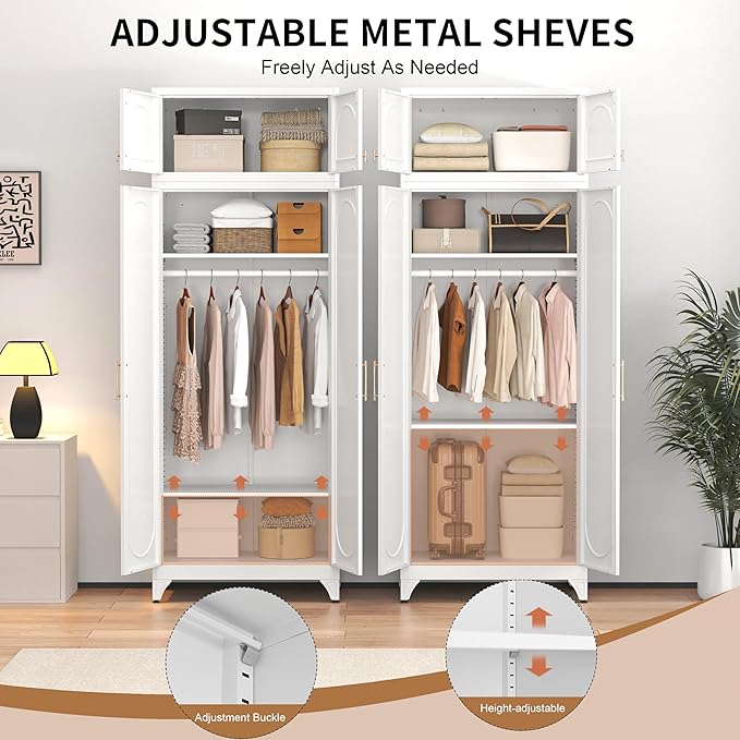 86" Metal Wardrobe Cabinets,Armoire Wardrobe Closet with Hanging Rod,Clothes Storage Cabinet with Adjustable Shelves and Doors,Clothing Cabinet for Bedroom, Office, Laundry Room