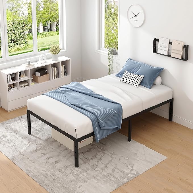 NEW JETO Metal Bed Frame,Twin Size Bed Frame with Storage Space,Heavy Duty Sturdy Mattress Foundation,Easy Assembly,No Box Spring Needed, Black,16 Inch,Twin